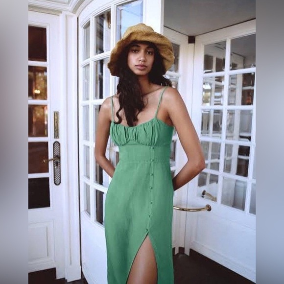 zara green camisole dress | Dresses | Zara Strappy Button Down Slit Midi Ebay